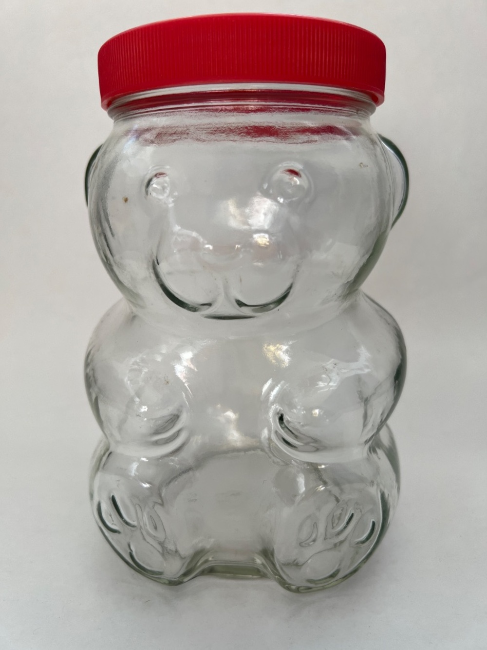 Kraft Jar Crunchy Peanut Butter Bear Clear Glass Red Lid w Label 7 1/4" Vintage